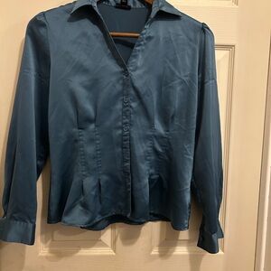 East5th blue satin collared long sleeve shirt with fitted bodice  - size medium